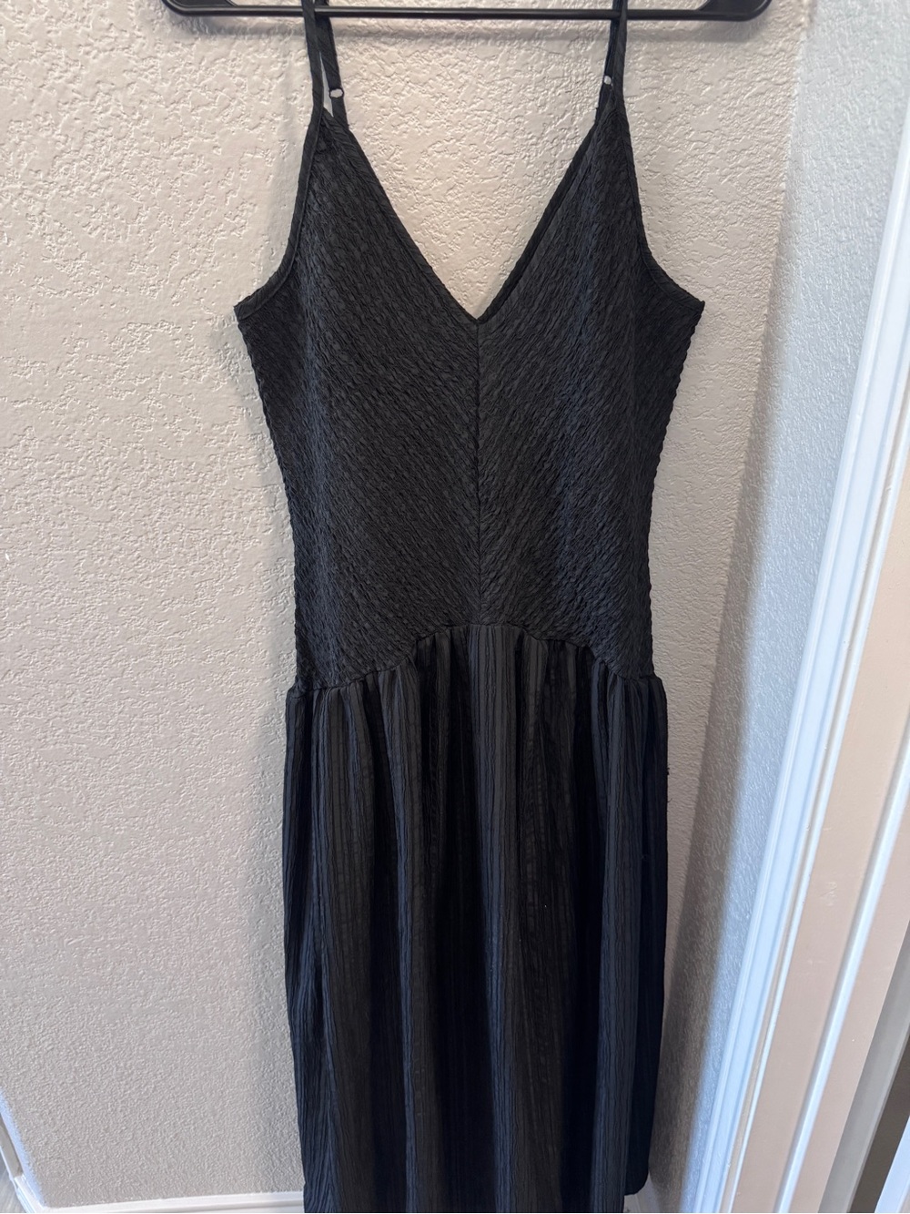 ASOS Black Textured V-Neck Spaghetti Strap Maxi Dress with Gathered Skirt